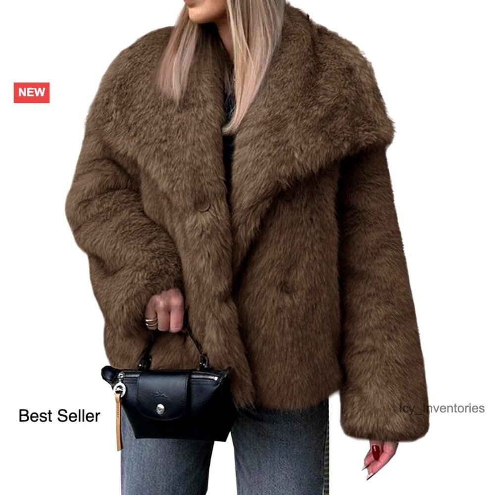 Oversized Faux Fur Coat Shaggy Lapel Jacket Warm Fuzzy Outerwear Chic